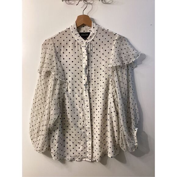Saloni Silk Polka Dot Button Up Balloon Sleeve Blouse Black White - Picture 2 of 14